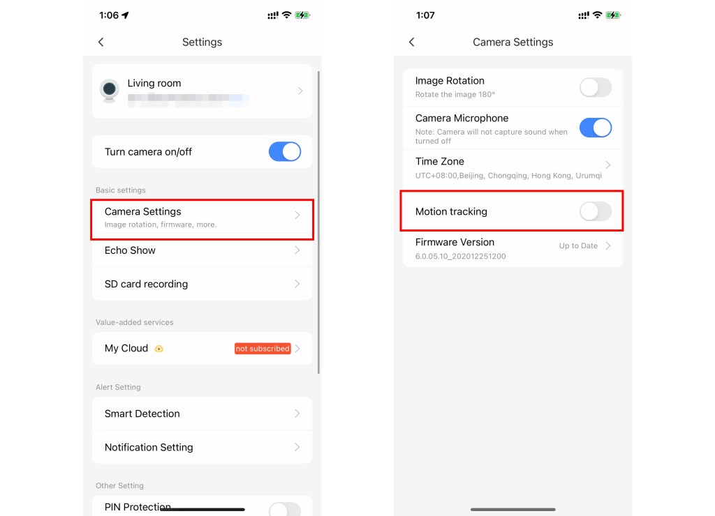 Motion tracking Settings - yi iot